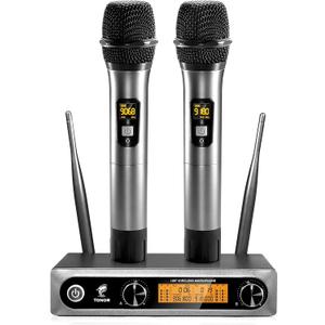 TONOR Wireless Microphone, Metal Dual Professional UHF Cordless Dynamic Mic Handheld Microphone System for Home Karaoke, Meeting, Party, Church, DJ, Wedding, Home KTV Set, 200ft, TW-820 Grey (Silver)