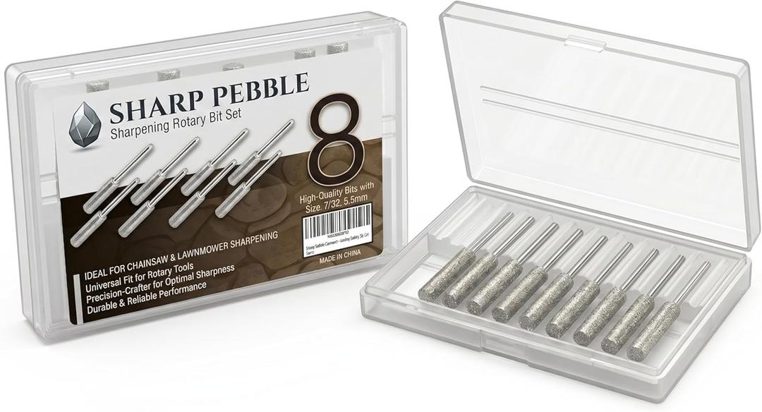 Sharp Pebble 8-Piece Chainsaw & Lawnmower Sharpener Bit Set  7/32" (5.5mm) Diamond Sharpening Stones - Durable Grinding Bits for Chainsaw Blade, Lawn Mower Blade & Garden Tool Sharpening