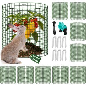Uyittour 10 Pack Plant Protectors from Animals, 12" x 12" Round Metal Wire Garden Plant Cages to Keep Animals Out, Rabbit Proof Protection for Vegetables & Flowers with Stakes, Zip Ties & Gloves