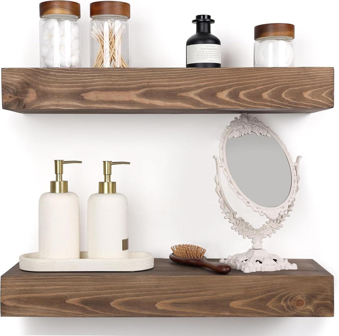 BANFFLOW Floating Shelves 3 inch Thick for Wall Set of 2,Solid Pine Wood Wall Mount Shelf for Kitchen Living Room Bedroom Bathroom,8" D x 30" L x 3" H-Black Walnut