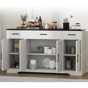 CuisinSmart Buffet Cabinet with 4 Doors, Modern Farmhouse 55" Large Sideboard Table Storage Cabinet,Adjustable Shelves, Drawers, and Versatile Storage for Kitchen, Dining Room, Coffee Bar, Rustic (White Black)