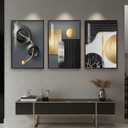 Large Framed Modern Elegant Wall Art for Living Room, 3 Piece Contemporary Luxury Prints Paintings, Black and Gold Abstract Geometric Pictures for Bedroom Entryway Home Office Wall Decor 24x36 In, 24" W x 36" H x 3Pcs