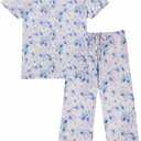 Ekouaer Women's Pajamas Set Short Sleeve Sleepwear 2 Piece Round Neck Top Capri Pants Loungewear with Pockets (X-Large, Blue/White Floral)