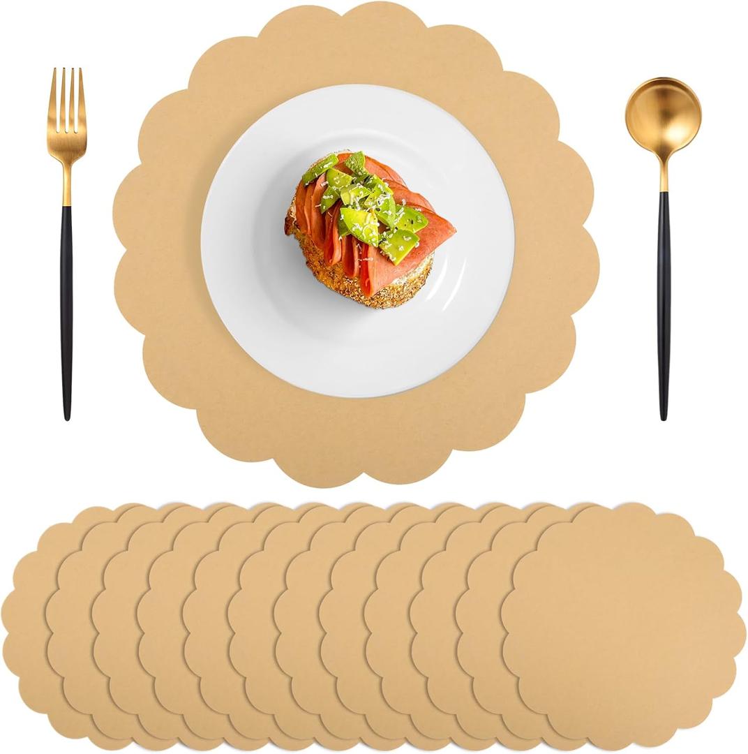 60 Pcs Kraft Paper Placemats, 13.5 Inch Scalloped Placemat Disposable Round Table Place Mats Decorative Paper for Dining Table Birthday Rustic Farmhouse Holiday Party