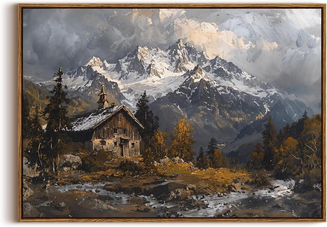 KISSFOX Framed Wall Art Vintage Wall Decor Landscape Pictures Snow Mountain Canvas Art Winter Cottage Paintings Farmhouse Artwork For Bedroom Living Room Kitchen, 36"L x 24"W