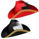 Ramede 2 Pcs Halloween Tricorn Pirate Hat Faux Leather Colonial Hat Distressed Style for Masquerade Cosplay Costume(Classic, Black, Red)