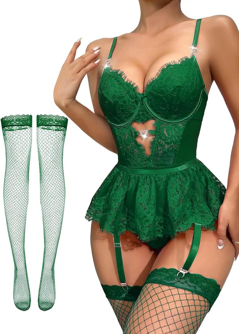 Lilosy Sexy Stocking Rhinestones Heart Garter Underwire Floral Mesh lace Sheer Babydoll Lingerie Teddy Bodysuit Skirt Set (Dark Green) XL