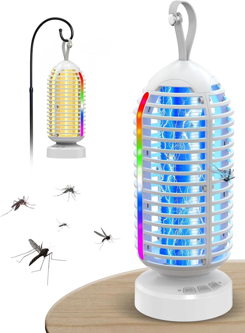 Bug Zapper Outdoor Indoor, 3000V Electric Mosquito Zapper with 4000mAh Rechargeable Battery, Waterproof Mosquito Killer, 3-in-1 Marqueen Light, Camping Lantern & Fly Zappers for Home, Patio, Garden (White)