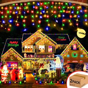 Hezbjiti 2Pack Total 800LED Icicle Lights 32.8FT Christmas Lights String Lights Outdoor Decoration 8 Modes 75 Drops Fairy Lights for Eaves Party Yard Garden Xmas Decor (Multicolor)