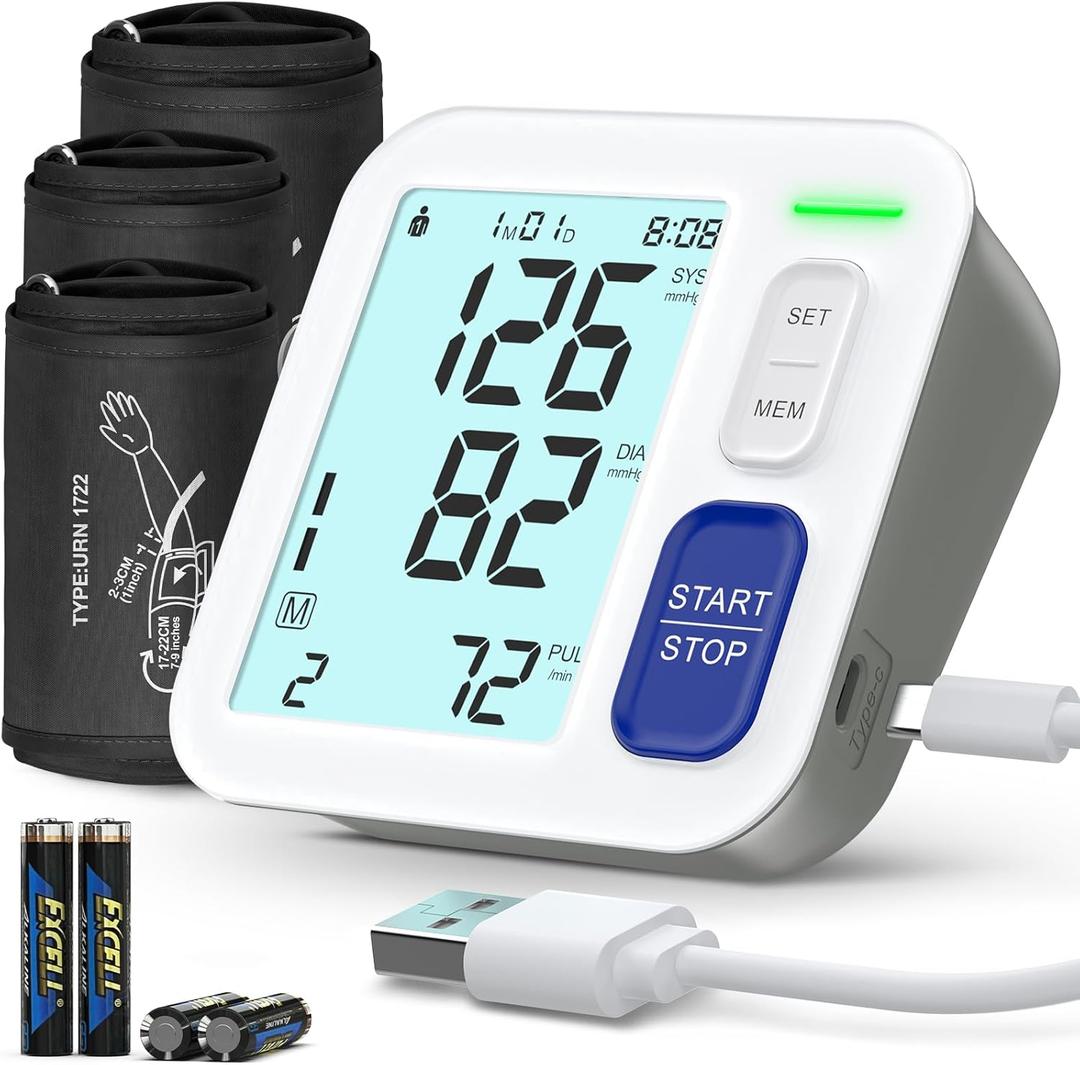 Blood Pressure Machine Upper Arm, 3 Size Cuffs Included, Small 7"-9", Medium 9"-17" and Extra Large XL Cuff 13"-21", Accurate Automatic Digital BP Monitor Home Use, Large Backlit LCD, 3 Users