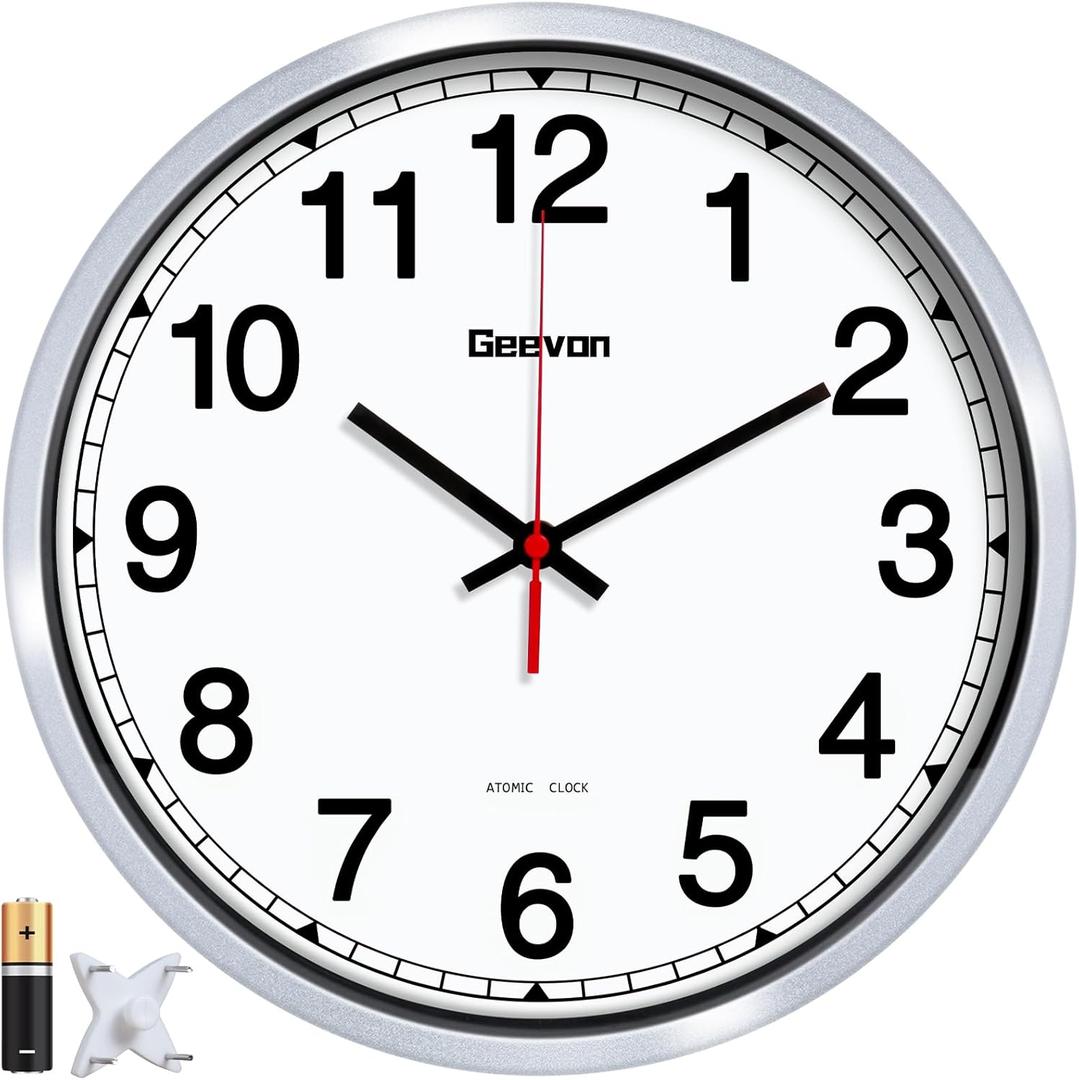 Geevon 12 Inch Atomic Wall Clock - Self-Setting Analog Clock with Automatic Time Sync - Battery Operated for Home Office School - Silver Frame
