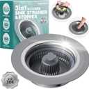 3 in 1 Kitchen Sink Drain Strainer and Stopper, 304 Stainless Steel Pop-up Anti-Clogging Basket Strainer, Fast Drainage Kitchen Sink Plug for Standard 3-1/2" Drain Hole (Silver+grey)