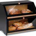 HOMEKOKO Double Layer Large Bread Box for Kitchen Counter, Wooden Large Capacity Bread Storage Bin (Black)