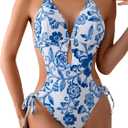 OYOANGLE Women's Floral Print Halter Neck One Piece Swimsuits Cut Out tie Backless Bathing Suit Beach Monokini L