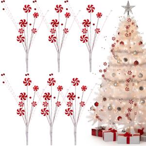 Suncalla 6 Pcs Candy Cane Christmas Tree Picks Red White Artificial Decoration Flower Vase Filler Ornament Christmas Tree Picks for Table Centerpiece DIY Home Wreath Decor