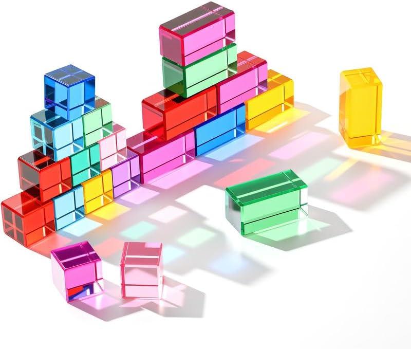 Meooeck 20 Pcs Acrylic Gem Cubes Blocks for Kids Translucent Rainbow Building Blocks Crystal Light Shadow Stacking Toys for School Education Training Learning(2 Sizes)