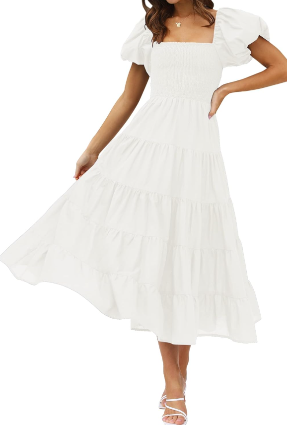 ZESICA Women's 2025 Summer Square Neck Short Puff Sleeve Solid Color High Waist Casual Smocked Flowy A Line Tiered Midi Dress  (Medium, White)