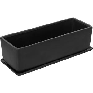 MyGift 14 Inch Ceramic Indoor Plant Pot, Rectangular Succulent Planter, Decorative Flower Planter with Drainage Hole and Removable Tray, Matte Black
