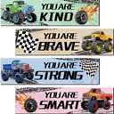 Adecortalk 4 Pcs Monster Truck Room Decor for Kids Boys, Bedroom Wall Hanging Decor with Wooden Design, Motivational Monster Truck Art Posters for Toddler Boys Room Playroom Bedroom Nursery Decor