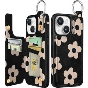 Shorogyt Compatible with iPhone 14 Wallet Case with Card Holder - Designer Black Flower Pattern Kickstand Magnetic Clasp Back Flip Folio Leather Phone Covers