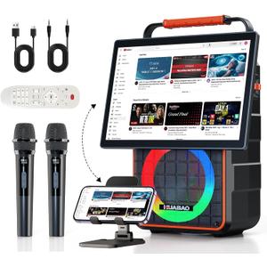 Portable Bluetooth Karaoke Speaker with 14.1” HD Screen, Wireless Screen Mirroring for iOS & Android, 2 Wireless Rechargeable Mics, AUX/USB/TF Card, Dynamic Lyric Display via Bluetooth, Ideal for Home
