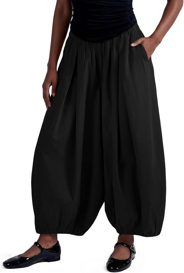 Fisoew Womens Wide Leg Balloon Pants Casual Barrel Elastic Waist Pleated Baggy Workout Sweat Pants with Pockets S