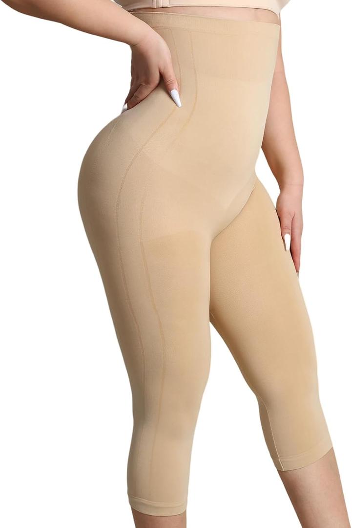 Shapewear Leggings for Women Tummy Control High Waisted Capri Body Shaper Butt Lift Thigh Slimmer (Small, Nude)