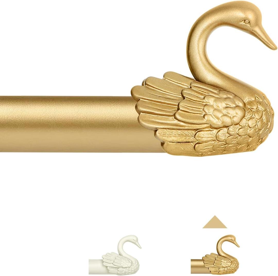 TANGWIN Gold Farmhouse Curtain Rods for Windows:66-120 Inch Adjustable Curtain Rod for Bedroom Living Room,Heavy Duty Decorative Rustic Drapery Rods with Vintage Swan Finials Easy Install,Brass Gold