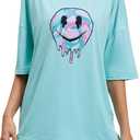 SOLY HUX Women's Graphic Oversized Tees Letter Print Summer Tops Vintage Half Sleeve Loose Casual T Shirts Light Blue Graphic X-Small (Green, XS)