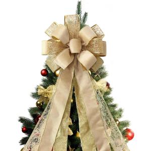 Christmas Tree Topper Bow, 43x13 Inches Large Toppers Bows for Christmas Tree, Glitter Satin Mesh Streamer and Wired Edge, Xmas Ornament Treetop Hanging Decorations & Gift