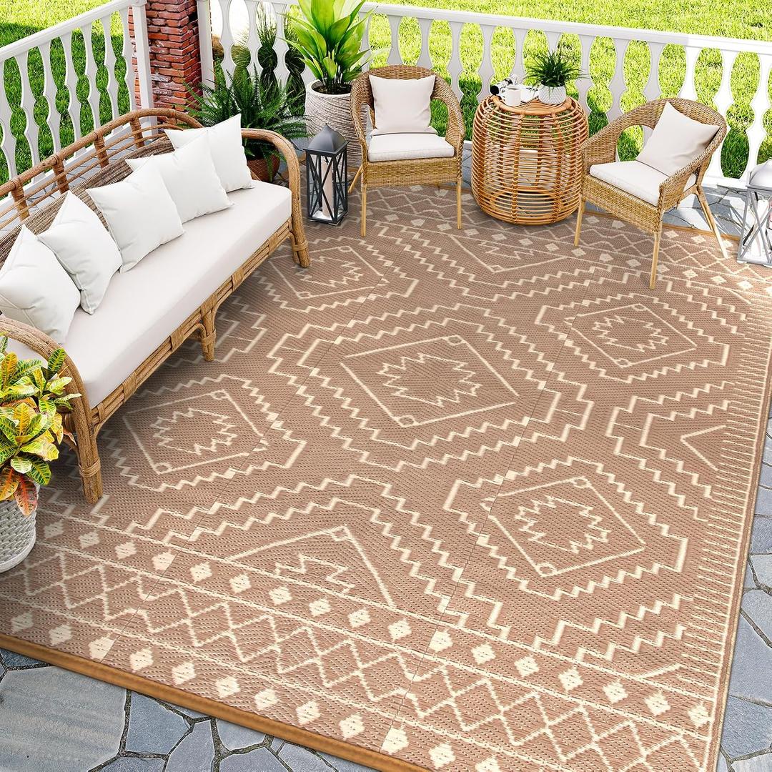 Wonnitar Outdoor Rugs 9x12 Waterproof Plastic Straw Rug, Large Outdoor Camping Rug for RV, Reversible Portable Outside Lightweight Area Rug for Backyard Balcony Beach Picnic, Beige