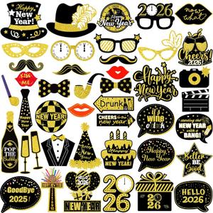 42Pcs New Years Eve Photo Booth Props 2026 New Year Photo Booth Props 2026 Nye for Happy New Year 2026 Party Decorations (Black and Gold)