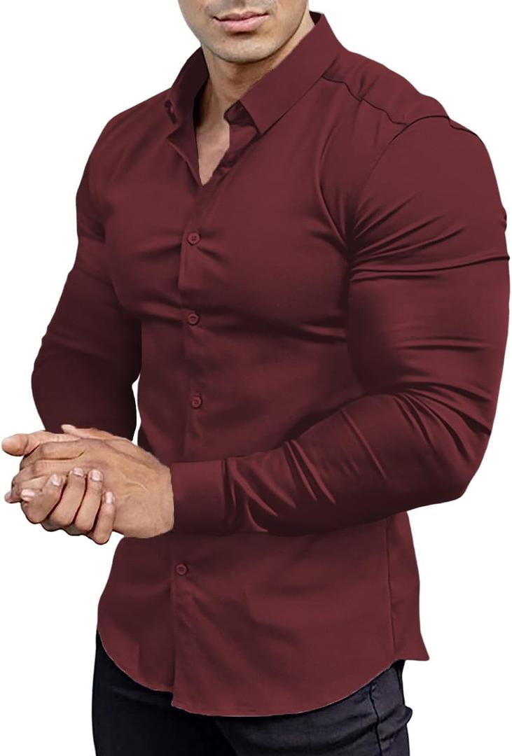 EOUOSS Men’s Muscle Fit Dress Shirts Athletic Slim Fit Long Sleeve Stretch Wrinkle-Free Casual Button Down Shirt Jam Red Large