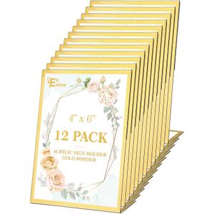 EHWINE 12 Pack Acrylic Sign Holder 4 x 6, Gold Picture Frame Stand up Table Top Sign Holders, Slanted Back Paper Holder Clear Display Stand Menu Flyer Holder for Wedding Party