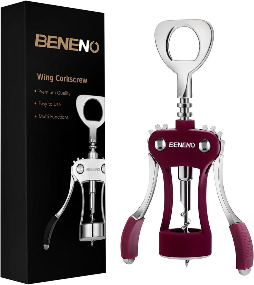 Beneno Wine Opener, Zinc Alloy Premium Wing Corkscrew with Multifunctional Bottles Opener, Sharp Wine Corkscrew with Ergonomic Non-Slip Wing Handle, Purple