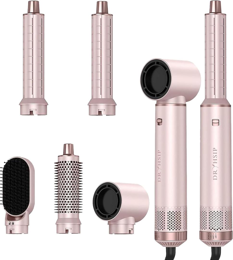 Dryhsip 5 in 1 Hair Styler & Wrap Air Curler, Low-Speed Negative Ionic Hair Tools Drying, Multi Hair Styler, Professional Blow Dryer Brush for Curling Volumizing Straightening Styling (Pink)
