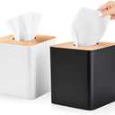 RETON 1 Pack Tissue Box Cover, Square Plastic Tissue Holder with Bamboo Cover Plate, Cube White Paper Organizers for Living Room, Office, Home Decor, Night Stand