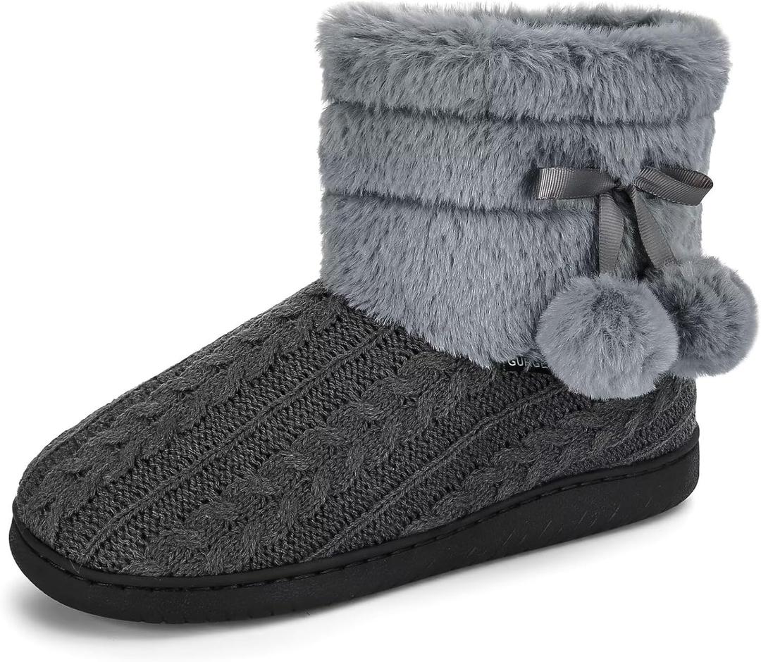 Knit Slipper Boots Women Plush Lining Memory Foam Indoor Outdoor House Shoes with Pom-Pom (7.5-8, Grey)