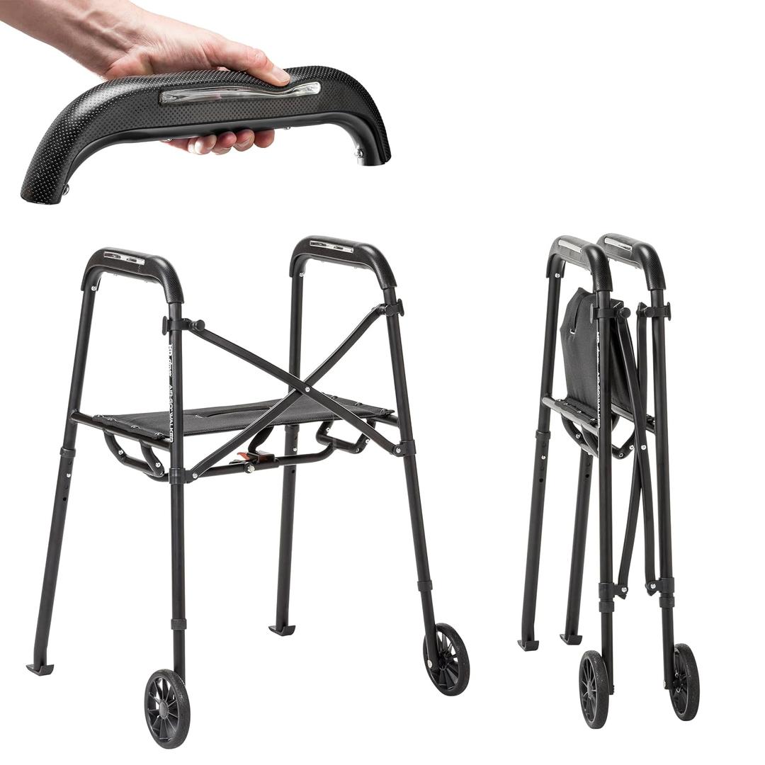 Air-Go Foldable Walker with Seat, Rollator Walkers for Seniors with Airgonomic Grips, Adjustable Height 4'9"-6'7", 300 lb Capacity, Black