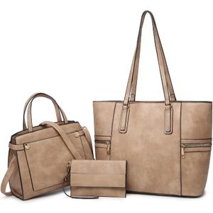 Purses and Handbags for Women Tote Bag Shoulder Bag Top Handle Satchel Purse Set with Wallet Large Work Tote 3pcs (Beige)