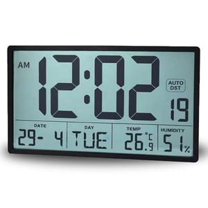 Digital Wall Clock with Large 9.3" LCD Display – Indoor Temperature, Humidity, Date, Day of Week, Alarm, 12/24 Hour Format – Battery Operated Wall or Desk Clock (Jet Black)
