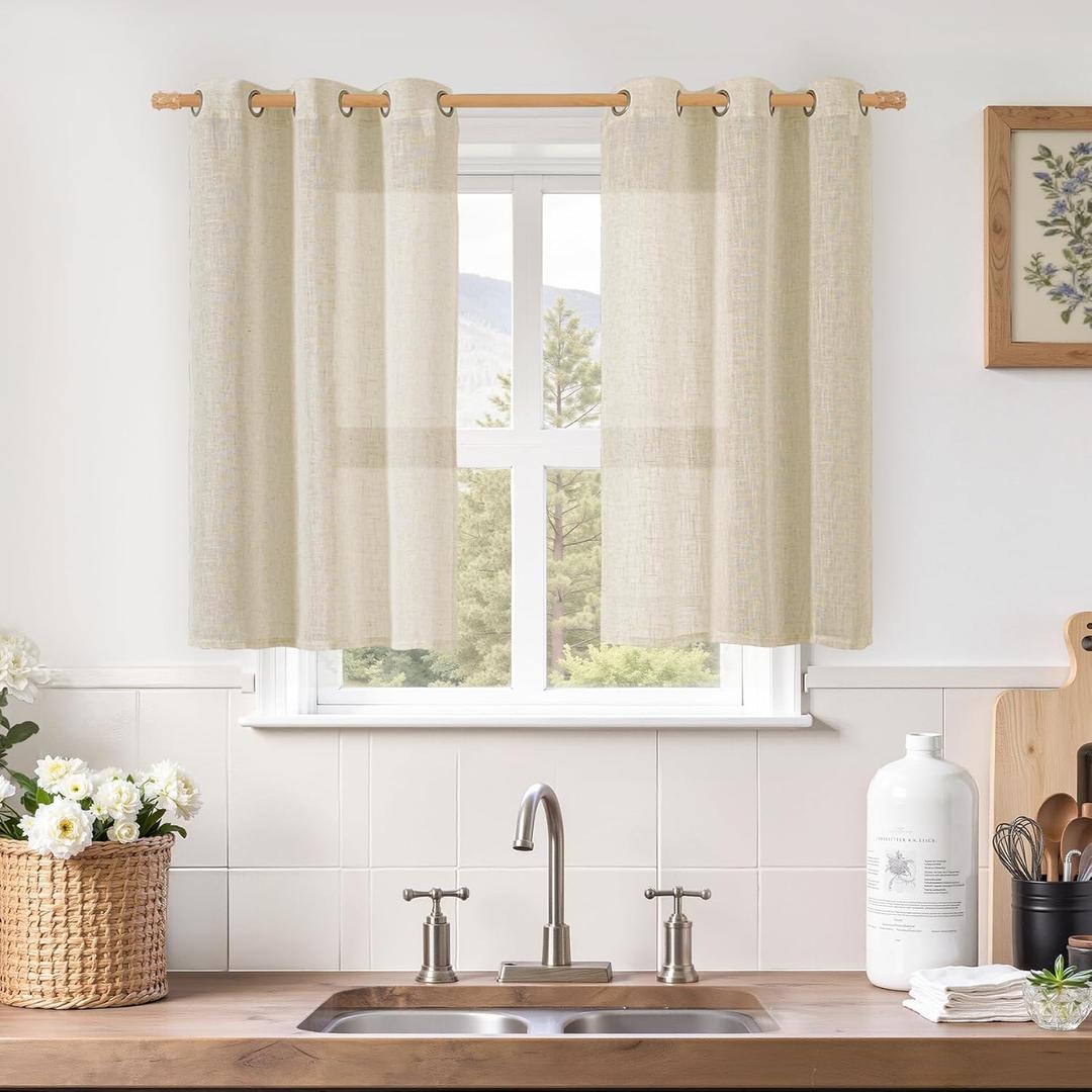 2LAMIT Short Linen Curtains 40 Inch Length for Kitchen, Semi Sheer Light Filtering Window Curtains Farmhouse Boho Bronze Grommet Panels for Cafe/RV Camper, Linen, 2 Panels, 34 x 40 Inch