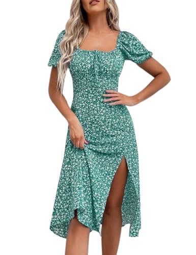 SPRIME Women's Floral Summer Casual Dress Square Neck Puff Sleeve Boho Midi Dresses Ruched High Waist Split Long Dress (Green Floral, X-Large)
