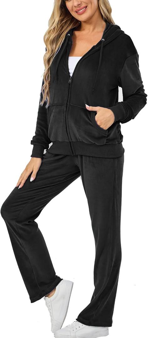 Velour Track Suits for Women Set Fall Sweatsuits 2 Piece (Black, S)