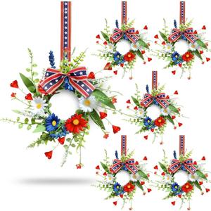 6 Pcs Mini Patriotic American Kitchen Cabinet Wreaths Small 4th of July Floral Swag Wreath for Front Door with Ribbon Daisy July Independence Day Hanging Wreath for Porch Wall Farmhouse Decor