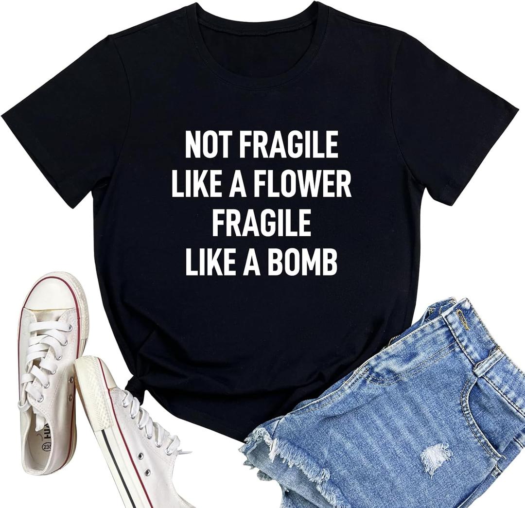 LOOKFACE Women Cute NOT Fragile Shirt Funny Letter Print Graphic Tees (Large, Black)