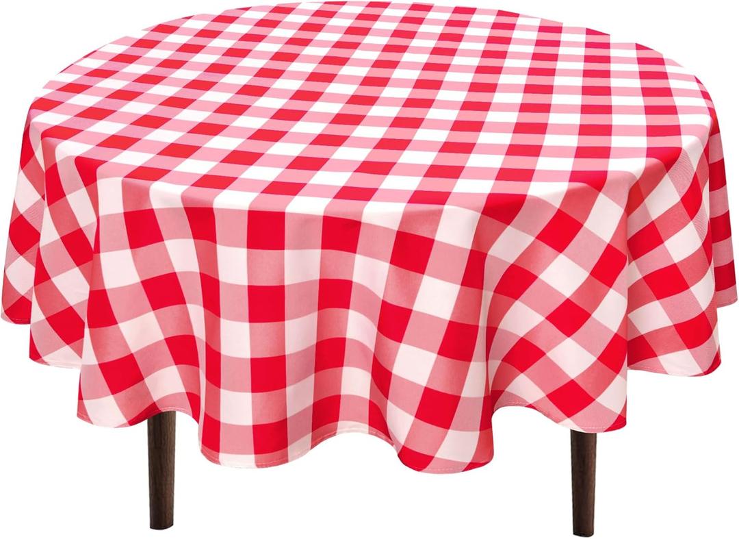 Hiasan Checkered Round Tablecloth 120 Inch - Waterproof Stain and Wrinkle Resistant Washable Fabric Table Cloth for Dining Room Party Outdoor Picnic, Red and White Gingham Pattern