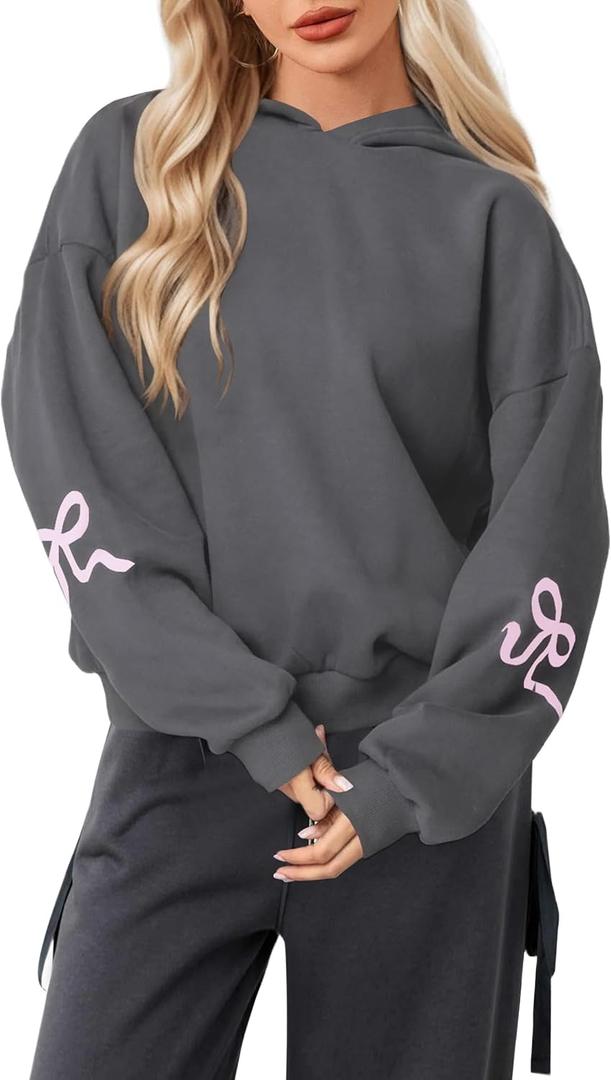 Womens Bow Graphic Hoodie Cute Bow Sweater Oversized Long Sleeve Fleece Sweatshirt Drop Shoulder Pullover Tops Dark Grey (Gray, M)