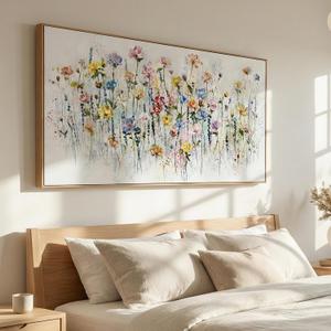 Tucai Decor Framed Wildflower Wall Art Canvas Print Floral Botanical Painting in Pink Blue Yellow Abstract Flowers Pictures Home Decor 20 x 40 Inch Wall Decorations for Living Room Bedroom Ready to Hang