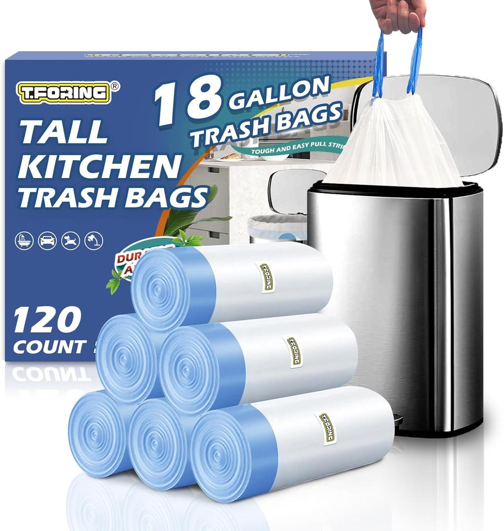 18 Gallon Trash Compactor Bags with Drawstring - 120 Count Heavy Duty 1.7 Mil Garbage Bags 68 Liter Tall Kitchen Bin Liners Unscented White for Home Yard Lawn